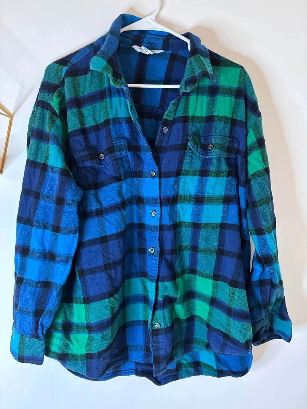 Old Navy The Boyfriend Shirt Size XL Blue Green Plaid Flannel